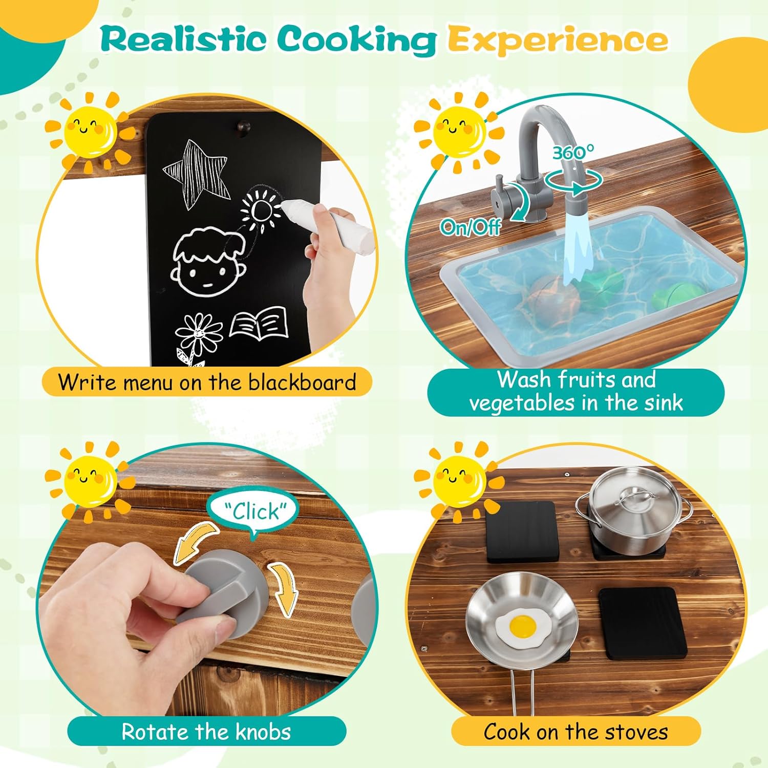 DORTALA Mud Kitchen, Fir Wood Outdoor Play Kitchen with Removable Sink, Canopy, Chalkboard, Stoves, Storage Cabinet, Backyard Kids Kitchen Playset for for Toddler Boys & Girls Age 3+ B0D3Q5JTP1 - Image 5