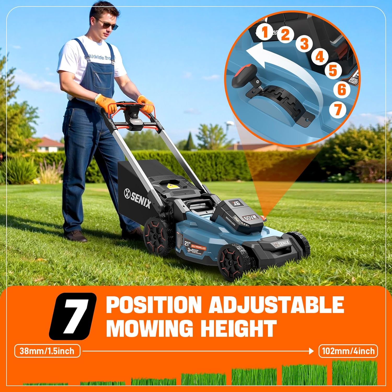 SENIX X6 60V 21-Inch 3-in-1 Cordless Lawn Mower with LED Light | 7 Height Adjustments, Smart Display, Bagging/Mulching/Side Discharge | 6Ah Li-ion Battery & Charger Included (LPPX6-H) B0CYVZTN2M - Image 5