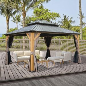 domi outdoor living 12x14 ft Wood Gazebo, Cedar Frame Hardtop Gazebo with Galvanized Steel Double Roof, Netting & Curtains, Patio Pergola Pavilion for Patio, Backyard, Deck, Lawns B0C3XKNNDL