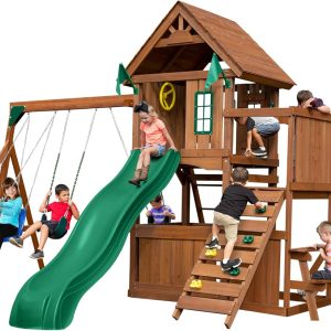 Swing-N-Slide Caribou Valley Wooden Swing Set with Wood Roof, Wave Slide, Monkey Bars, Climbing Wall, Ladder, Picnic Table, and Swings, Green Slide B0DWZJB7JZ