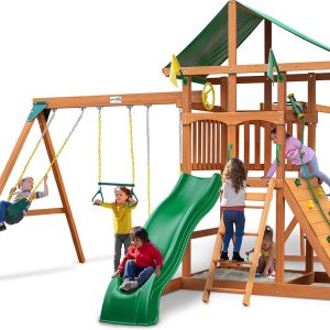 Gorilla Playsets 01-1082 Avalon Wooden Swing Set with Oversized Green Vinyl Canopy Roof, Monkey Bars, Climbing Wall, Ladder, Swings and Slide, Cedar B09QBHS288