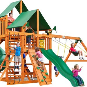 Gorilla Playsets 01-0030-AP-1 Great Skye I Wood Swing Set with Green Vinyl Canopy, Tube Slide, and Rock Wall, Amber B00RZID7UU