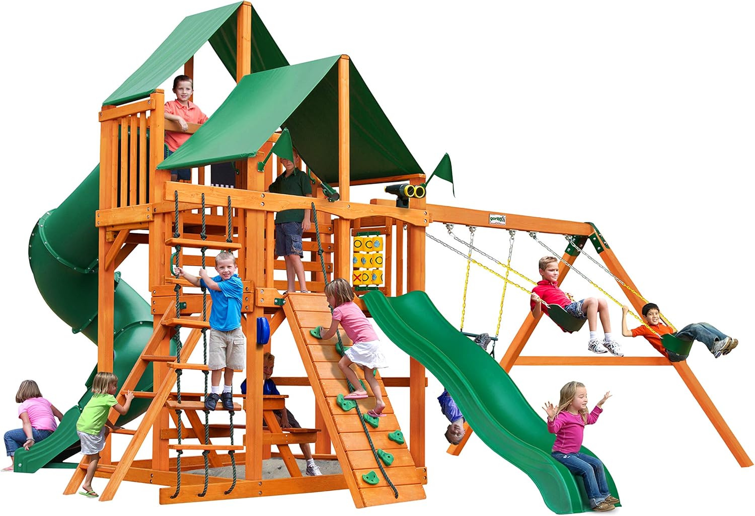 Gorilla Playsets 01-0030-AP-1 Great Skye I Wood Swing Set with Green Vinyl Canopy, Tube Slide, and Rock Wall, Amber B00RZID7UU