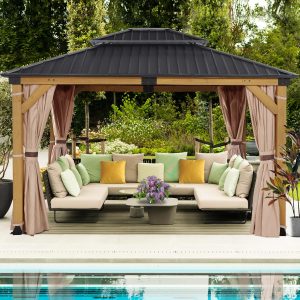 CHARMELEON 10'x12' Wood Gazebo,Patio Cedar Wood Gazebo with Mosquito Netting and Curtains, Galvanized Steel Hardtop Pavilion for Outdoor, Garden, Deck B0F3XHMVZ3