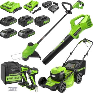 Greenworks 48V (2x24V) Electric Lawn Mower Combo Kit: 21" Self - Propelled Mower, 12" String Trimmer, 320 CFM Blower, and 1/2”Drill & 1/4”Hex Impact Driver, 5 Batteries & 3 Chargers, 3-Year Warranty B0F23TZYG8