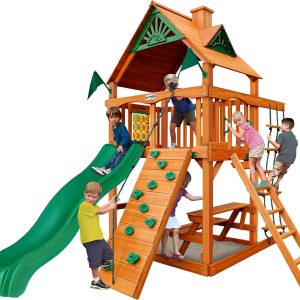 Gorilla Playsets 01-0061-AP Chateau Tower Wooden Play Tower with Wood Roof, Slide, and Climbing Wall, Brown B01D5OZR4Q