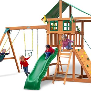 Gorilla Playsets 01-1077 Avalon Treehouse Wooden Swing Set with Oversized Green Vinyl Canopy Roof, Climbing Wall, Ladder, Swings and Slide B09Q9Y7LJQ