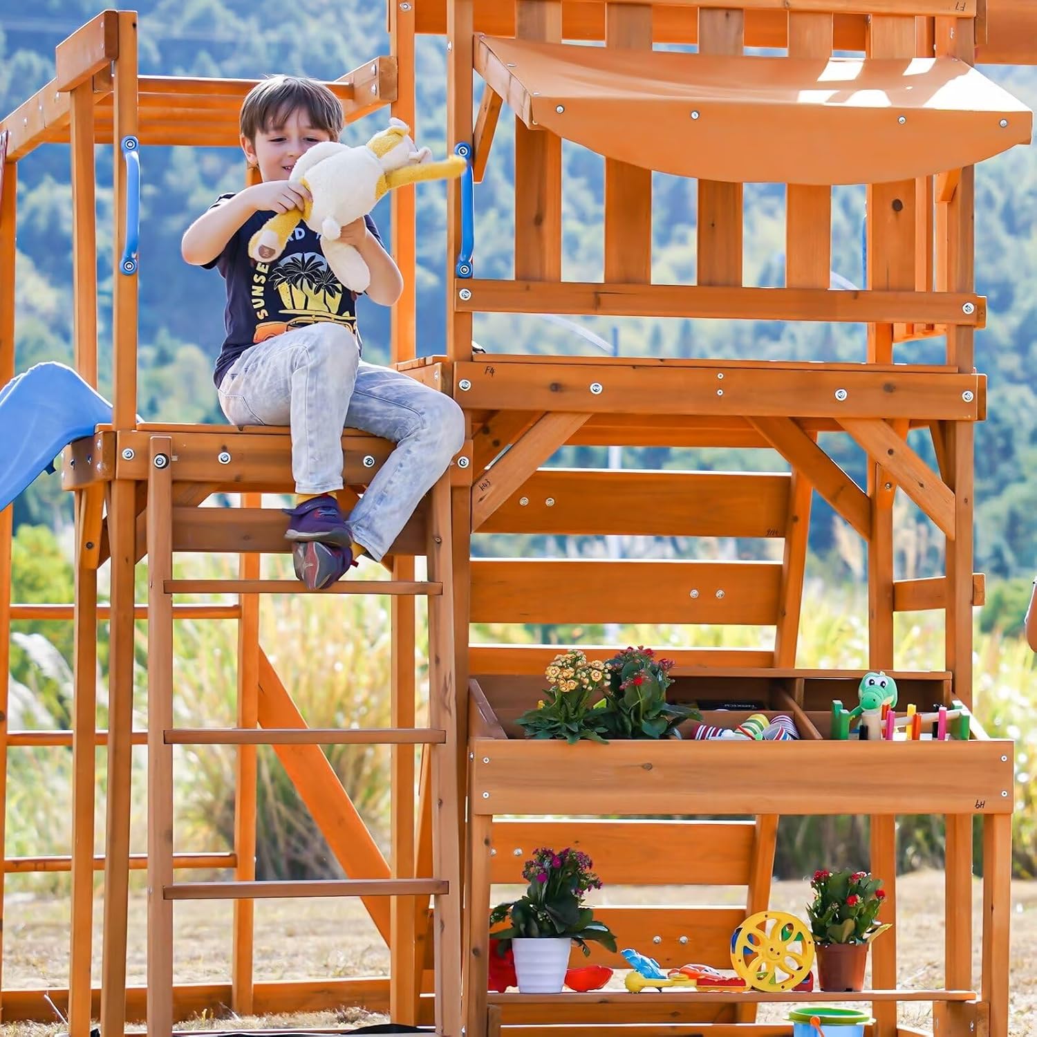 Dolphin Playground Swing Sets for Backyard with Monkey bar, Wooden Playground Sets for Backyards with 8FT Wave Slide, Multi-Functional Shelf, 2 Belt Swings, Outdoor Playset for Kids 3-10 B0D3LYPFXH - Image 9