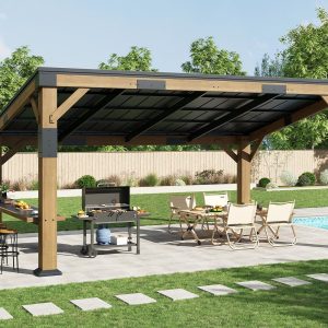 AMERLIFE 10x14 FT Spruce Wood Grill Gazebo, Permanent Galvanized Steel Lean to Canopy & Built-in Bar Shelf – Outdoor BBQ Gazebo Pergola for Deck, Backyard, Garden B0DZNHWF6K