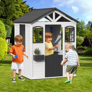 All Spruce Outdoor Kids Playhouse, Toddler Playhouse Wooden Playhouse for Kids Ages 3-10, with Sink, Stove, Flower Pot Holders, Phone, Kitchen with Food Kitchenware Tableware, 42" x 45" x 55", White B0DSVMNX5L