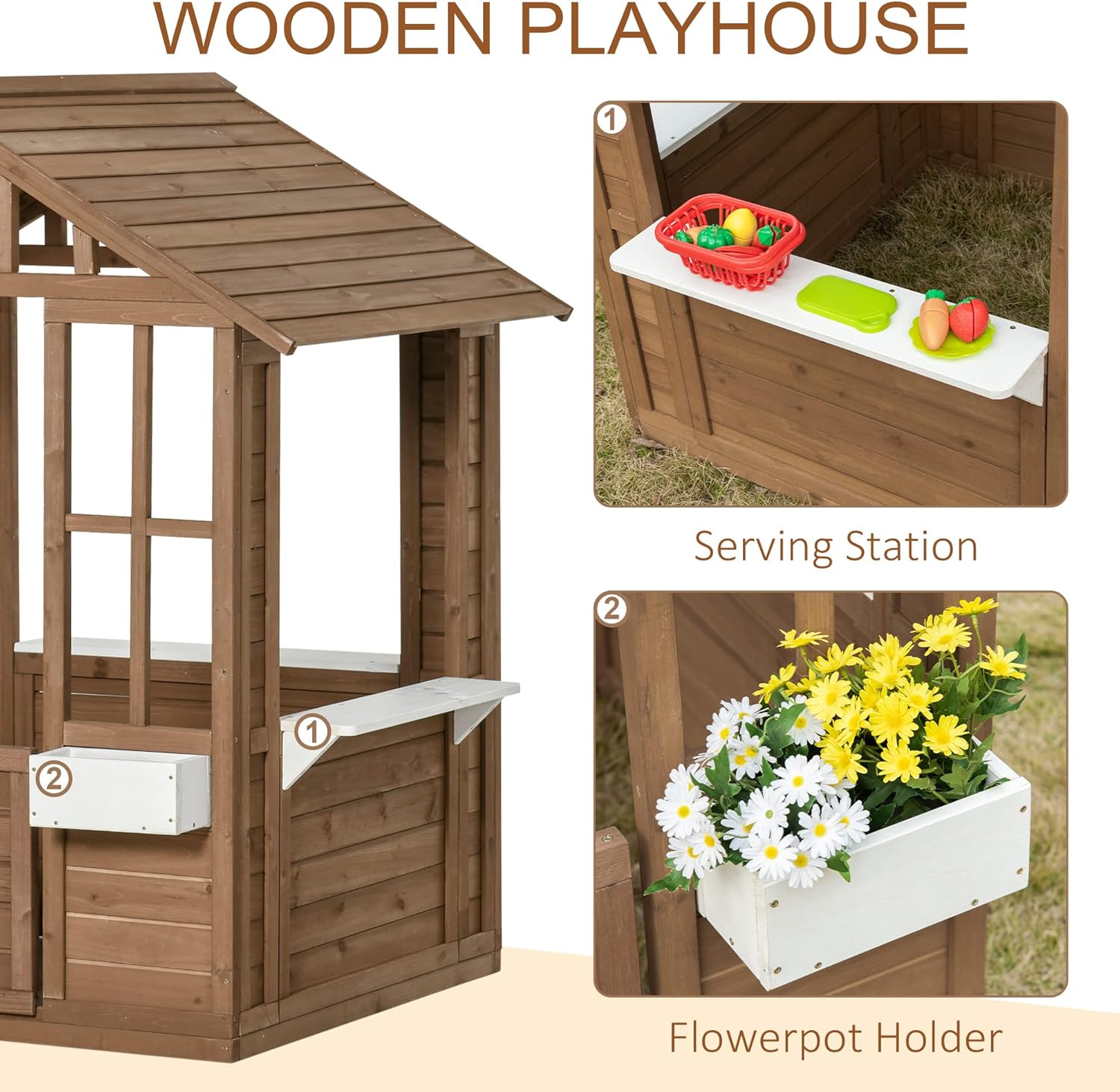 Outsunny Kids Wooden Playhouse, Outdoor Garden Games Cottage, with Working Door, Windows, Flowers Pot Holder, 47" x 38" x 54" B09R3RKLPV - Image 4