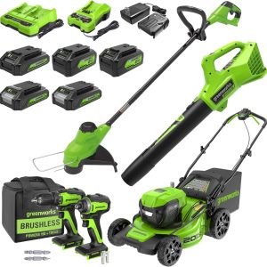 Greenworks 48V (2x24V) Electric Lawn Mower Combo Kit: 20" Steel Deck Push Mower, 12" String Trimmer, 320 CFM Blower, and 1/2”Drill & 1/4”Hex Impact Driver, 5 Batteries & 3 Chargers, 3-Year Warranty B0F2SQ6Q52