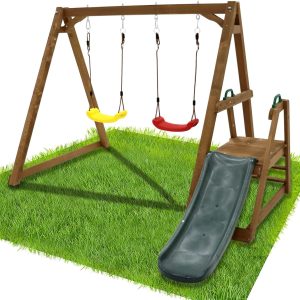 Kids Swing Set Outdoor and Slide - Sturdy Solid Wood Swing Frame with Climbing Ladder - Natural B0DJXX2GXR
