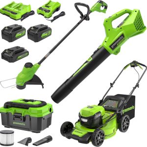 Greenworks 48V (2x24V) Lawn Mower Combo - 21" self propelled Lawn Mower, 12" String Trimmer, 320 CFM Blower, Wet/Dry Shop Vacuum – Ideal for Home Yard Work & Indoor Cleaning B0F293RXTF