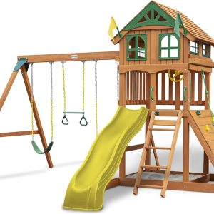 Gorilla Playsets 01-1066-Y Outing Wood Swing Set with Wood Roof and Trapeze Arm - Yellow Slide B082BVT7BX