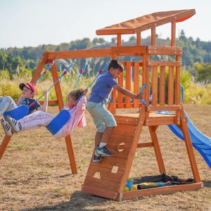 Dolphin Playground Wooden Swing Sets for Backyard, Outdoor Playset with Slide, Sand Box, Climbing Wall, and 2 Belt Swings, Playground Sets for Backyards, Young Kids Outdoor Play Equipment, Ages 3-9 B0C2TXYDLM