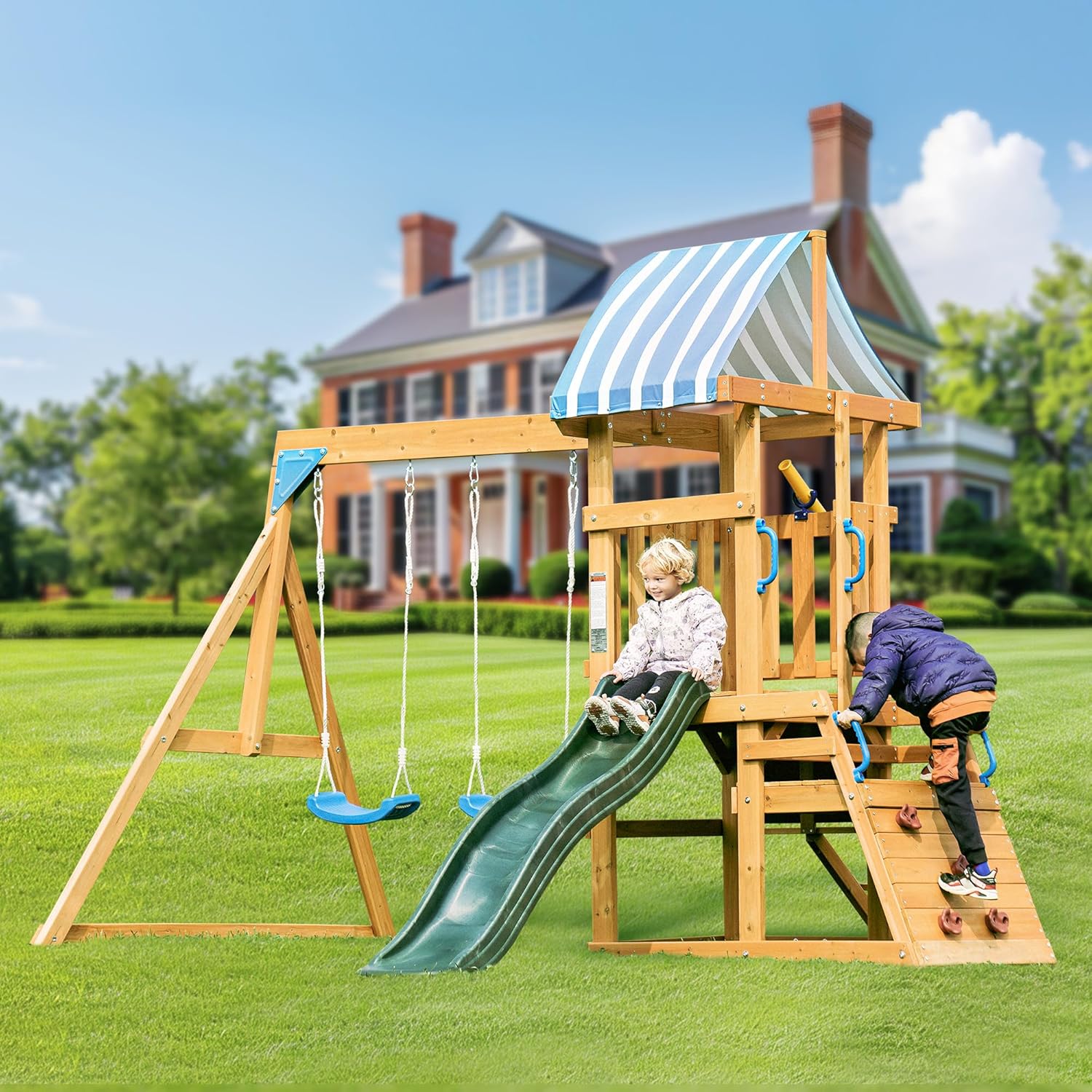 ROBOTIME Wooden Swing Set for Backyard, All-in-One Kids Outdoor Play Equipment with Swings, Slide, Climbing Rope Ladder, Outdoor Swing Playset for Kids Ages 3-10 B0CZJPPVR1 - Image 2
