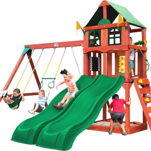 Gorilla Playsets 01-1057 Playmaker Deluxe Wooden Swing Set with Vinyl Canopy Roof, Dual Wave Slides, and Rock Climbing Wall, Redwood Stained Cedar B08S26XTYV