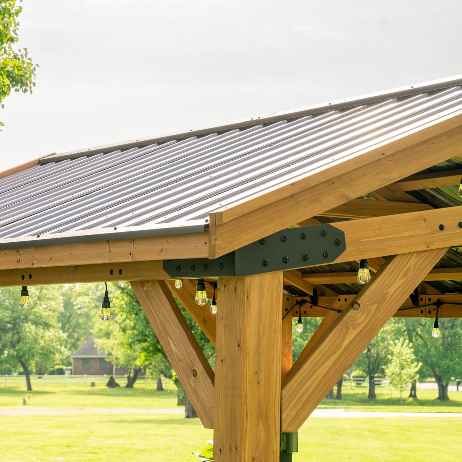 Norwood 10' x 10' Cedar Wood Outdoor Gazebo Pavilion with Hardtop Galvanized Steel Peak Roof, Snow Support, Wind Resistance, PowerPort, Shade for Garden, Patio, Deck, Entertaining B0BL1NDSBM - Image 7