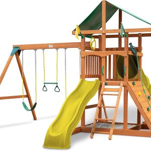 Gorilla Playsets 01-1073-Y Outing Wood Swing Set with Green Vinyl Tarp & Twisted Tube Slide - Yellow Slides, Amber B082BW4M5V