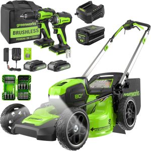 Greenworks 80V 21" Brushless Cordless (Self-Propelled) Lawn Mower (LED Headlight + Aluminum Handles), 4.0Ah Battery and Rapid Charger + Bonus 24V Power Tool Combo Kit B0DWXZ27K5