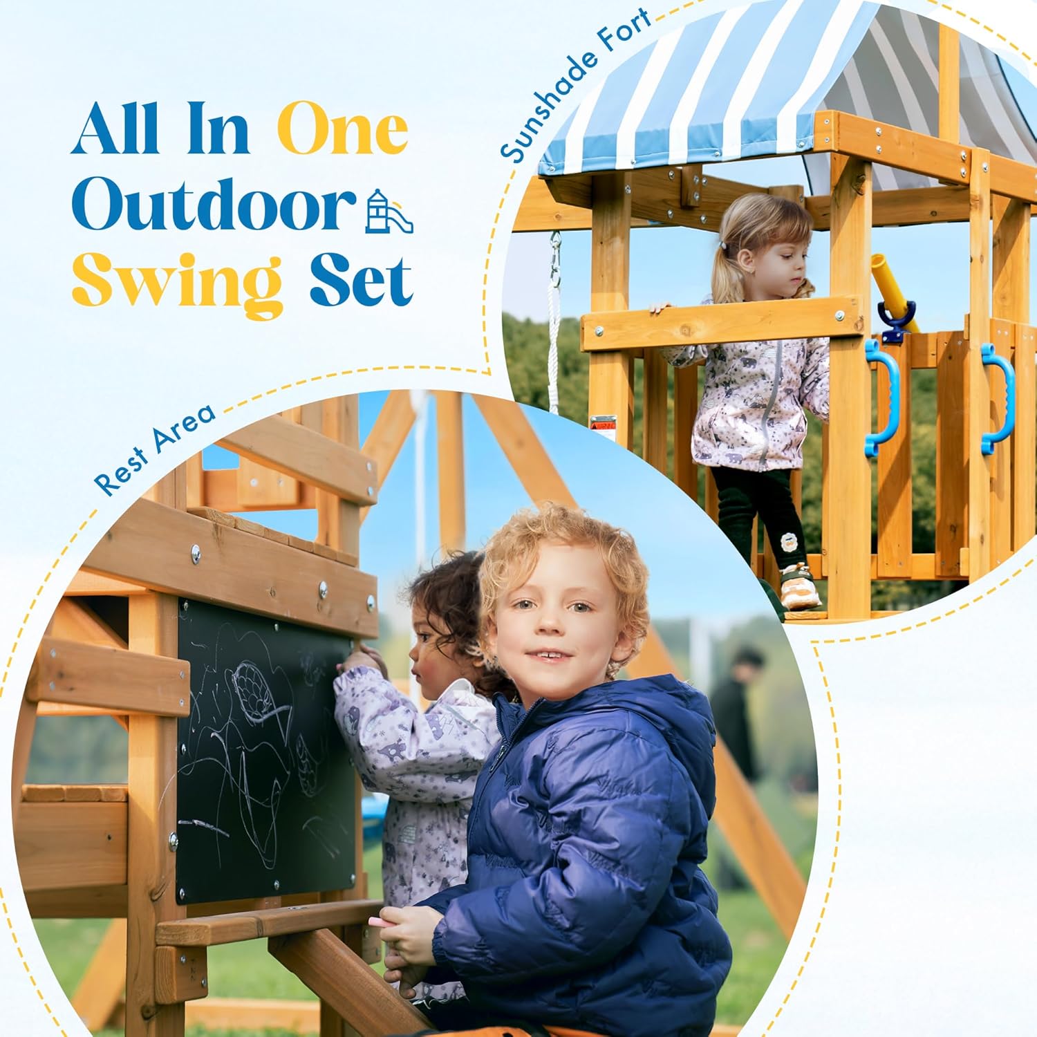 ROBOTIME Wooden Swing Set for Backyard, All-in-One Kids Outdoor Play Equipment with Swings, Slide, Climbing Rope Ladder, Outdoor Swing Playset for Kids Ages 3-10 B0CZJPPVR1 - Image 4