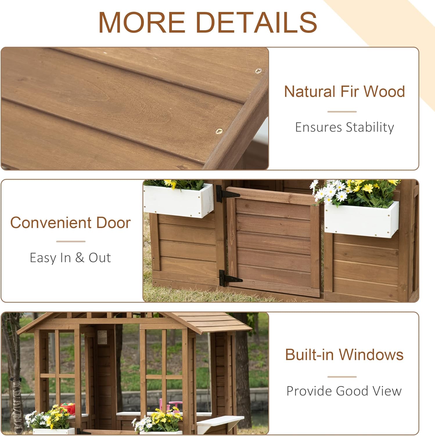 Outsunny Kids Wooden Playhouse, Outdoor Garden Games Cottage, with Working Door, Windows, Flowers Pot Holder, 47" x 38" x 54" B09R3RKLPV - Image 5