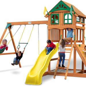 Gorilla Playsets 01-1063-Y Outing Wood Swing Set with Wood Roof & Yellow Slide, Amber B082BVY5S9