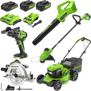 Greenworks 48V (2x24V) Electric Lawn Mower Combo Kit with 20" Steel Deck, 12" String Trimmer, 320 CFM Blower, Circular Saw & Drill – All-in-One Cordless Combo: Ideal for Home Yard Work & DIY Projects B0F29HN3C7