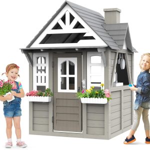 Outdoor Kids Playhouse, All Fir Gray Modern Wooden Playhouse, Indoor and Outdoor Cottage Play House with Sink, Stove, Cookware, Windows, Flowerpot Holders, Working Doorbell, for Kids Ages 3-8 B0DDXYXL8D