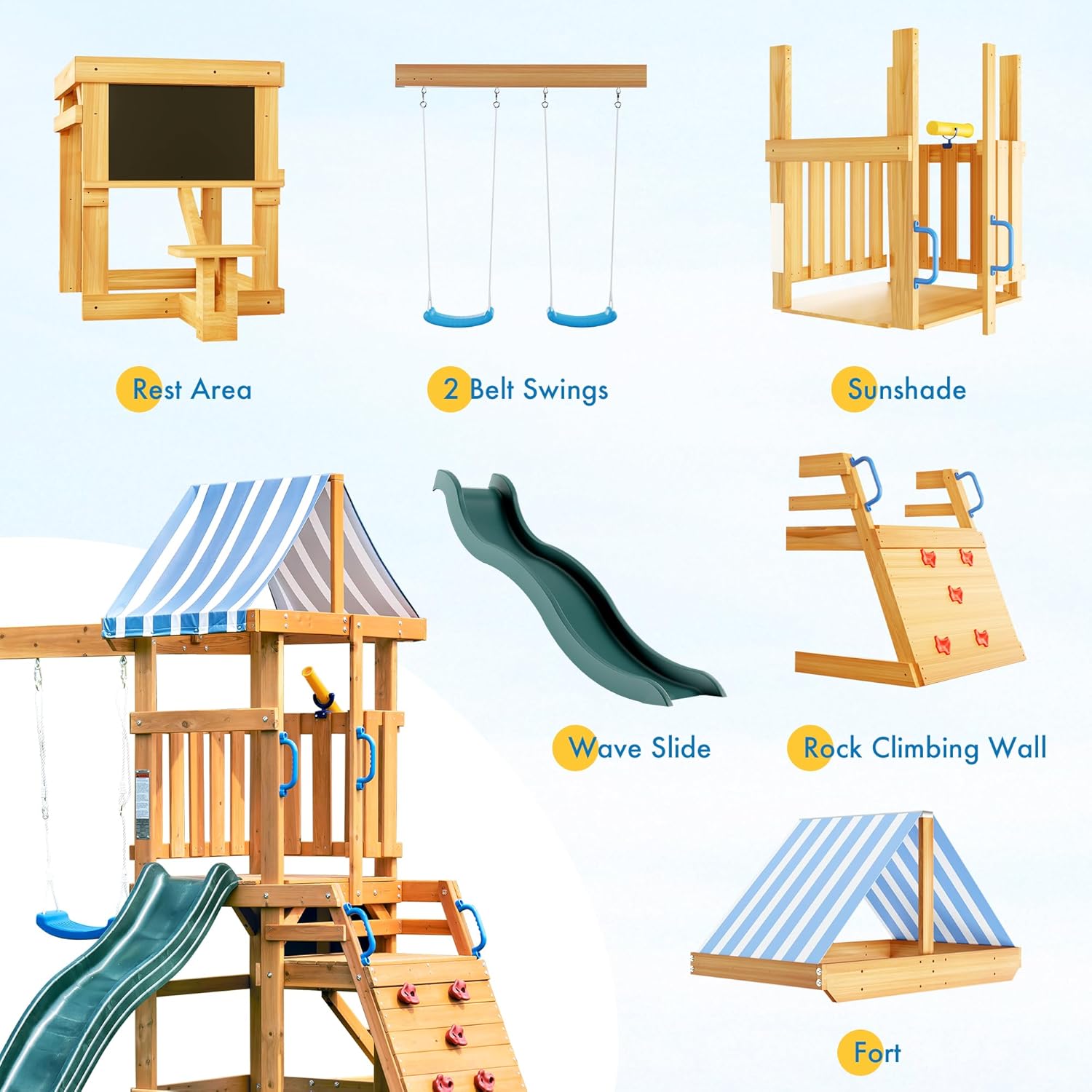 ROBOTIME Wooden Swing Set for Backyard, All-in-One Kids Outdoor Play Equipment with Swings, Slide, Climbing Rope Ladder, Outdoor Swing Playset for Kids Ages 3-10 B0CZJPPVR1 - Image 6