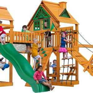 Gorilla Playsets 01-0055-AP Pioneer Peak Treehouse Wooden Swing Set with Amber Posts, Tire Swing, Slide and Tower with Clatter Bridge, Brown B0858WQXPY