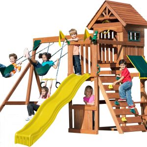 Swing-N-Slide Sunnyhill Wooden Swing Set with Wood Roof, Plastic Slide, Climbing Wall, Picnic Table with Awning, and Swings, Yellow Slide B0DWZLZ14Z