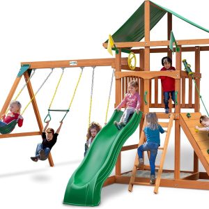 Gorilla Playsets 01-1076 Avalon Wooden Swing Set with Oversized Green Vinyl Canopy Roof, Climbing Wall, Ladder, Swings and Slide B09QB4FJ7W