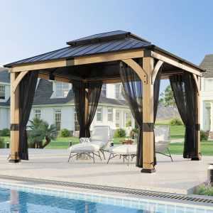 10x12 ft Cedar Wood Gazebo with Translucent roof, Hardtop Gazebo with Galvanized Steel Double Roof and Mosquito Netting, Heavy Duty Pavilion for Patio Lawn and Garden B0F1DGZNQB