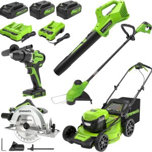 Greenworks 48V (2x24V) Lawn Mower Combo - 21" self propelled Lawn Mower, 12" String Trimmer, 320 CFM Blower, Circular Saw & Drill – All-in-One Cordless Combo: Ideal for Home Yard Work & DIY Projects B0F2F58PZX