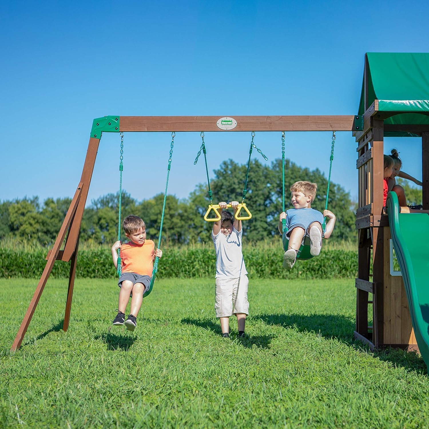 Backyard Discovery Lakewood Cedar Wood Swing Set with Wave Slide, Clubhouse, Playhouse, Snack Bar Window, Picnic Area, Belt Swings, Trapeze, Full Front Door, Windows, Step Ladder, Outdoor Playset B081789ZLP - Image 6