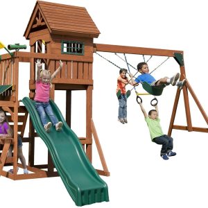 Swing-N-Slide PB- 8331 Playful Palace Swing Set with Slide, Swings, Wood Roof, Picnic Table & Climbing Wall, Wood, Green B07MVTXTGT