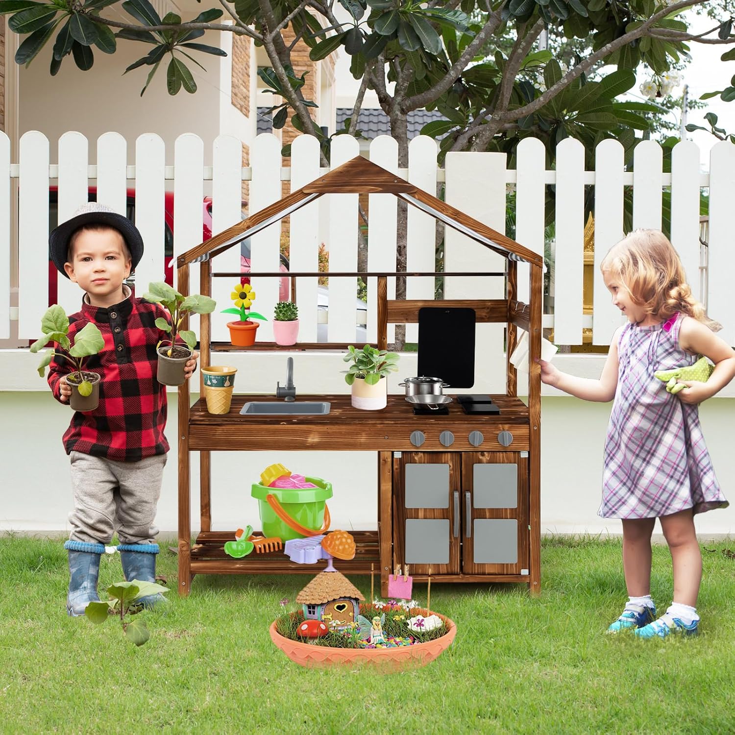 DORTALA Mud Kitchen, Fir Wood Outdoor Play Kitchen with Removable Sink, Canopy, Chalkboard, Stoves, Storage Cabinet, Backyard Kids Kitchen Playset for for Toddler Boys & Girls Age 3+ B0D3Q5JTP1 - Image 2