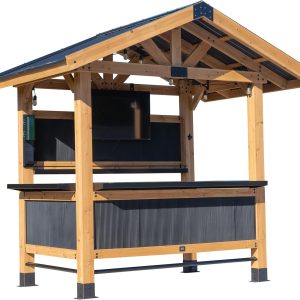 Backyard Discovery Palisade 9' x 6' Cedar Wood Outdoor Bar Set with Galvanized Steel Roof, Bar Top, Shelving, Snow Load Support, Wind Resistance, PowerPort for Patio, Deck, Entertaining B0DQ2SKLCZ