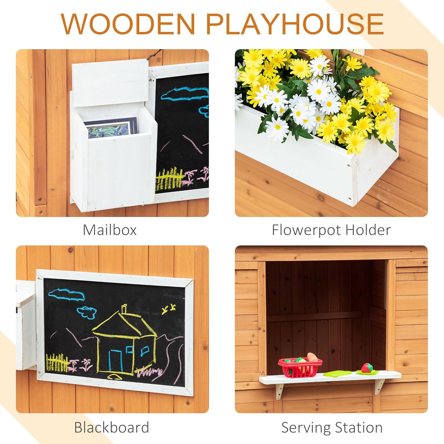 Outsunny Wooden Playhouse for Kids Outdoor with Working Door, Windows, Mailbox, Bench, Flowers Pot Holder, 48" x 42.5" x 53" B09QS3VVGS - Image 4