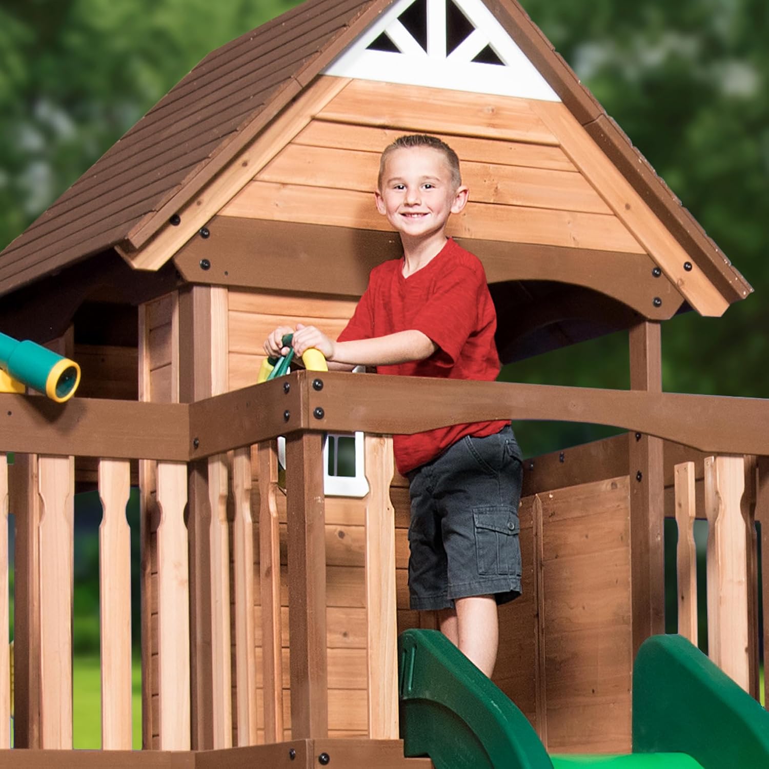 Mount Triumph Cedar Wood Swing Set with Wave Slide, Clubhouse, Rock Wall, Play Kitchen, Picnic Area, Belt Swings, Trapeze, Balconies, Playhouse, Ladder, Accessories, Outdoor Playset B071JS5LR7 - Image 5