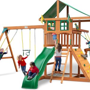 Gorilla Playsets 01-1080 Avalon Treehouse Wooden Swing Set with Oversized Green Vinyl Canopy Roof, Trapeze Arm, Climbing Wall, Ladder, Swings and Slide B09Q9VQDXJ