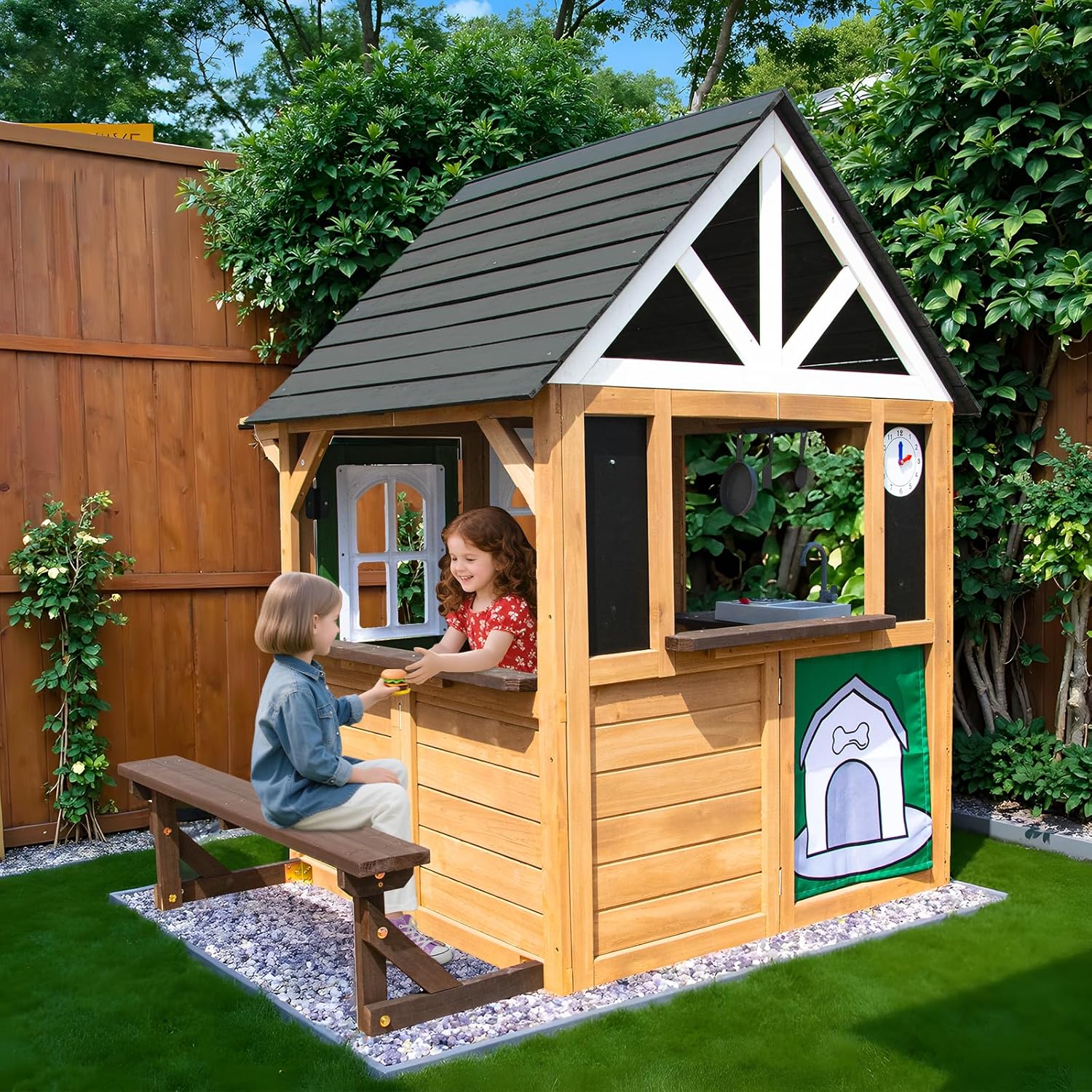 Kids Playhouse – Outdoor & Indoor Playset, Modern Gray Cedar Wooden Playhouse for Kids Ages 4-8 with Functional Kitchen Set (Includes Stove, Sink) Interactive Doorbell (Brown+Green) B0F73ZV3JK - Image 6