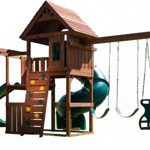 Swing-N-Slide Timbervale Wooden Swing Set with Woof Roof, Monkey Bars, Tube Slide, Curved Slide, Swings, and Climbing Wall, Green Slides B0DWZGPKK8