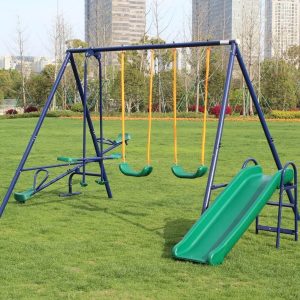 Swing Set for Backyard Outdoor Heavy Duty A-Frame Metal Playset with Seesaw, 2 Swings, Slide and Glider for Kids Toddlers B0C8MQDZZR