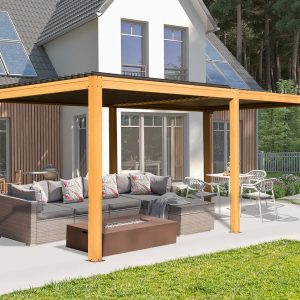 Domi Louvered Pergola 10' x 20' Outdoor Aluminum Pergola with Adjustable Roof, Wood Grain Frame, Efficient Drainage System for Patio, Deck, Garden, Yard B0D185KDSS