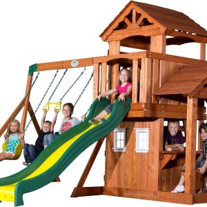 Tanglewood Cedar Wood Swing Set with Wave Slide, Clubhouse, Playhouse, Covered Snack Bar Window, Bench, Rock Wall Ladder, Belt Swings, Trapeze, Porch, Step Ladder, Outdoor Playset B016XMU076