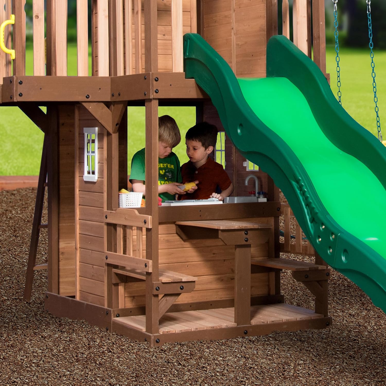 Mount Triumph Cedar Wood Swing Set with Wave Slide, Clubhouse, Rock Wall, Play Kitchen, Picnic Area, Belt Swings, Trapeze, Balconies, Playhouse, Ladder, Accessories, Outdoor Playset B071JS5LR7 - Image 6