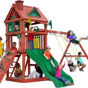 Gorilla Playsets Spring Creek Deluxe Wooden Swing Set with Wood Roof, Two Slides, Swings, and Climbing Wall B0F4M1G23K